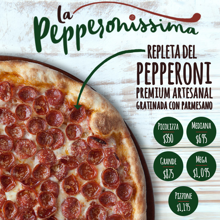 Nueva pizza repleta del nuevo pepperoni premium artesanal gratinada con queso parmesano.